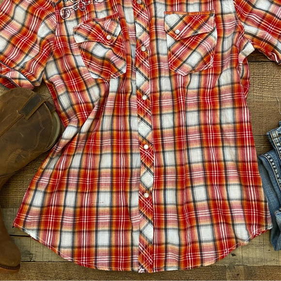 Western Red Plaid, Pearl Snap, Embroidered Shoulders Coastal Cowgirl - Picture 4 of 10